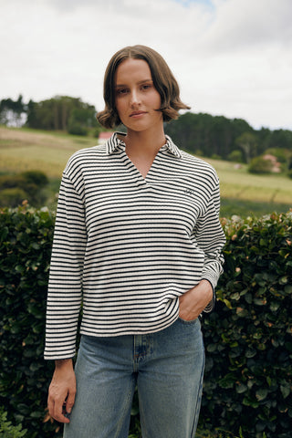 ALFIE STRIPE LS POLO CHALK/BLACK