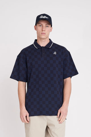 MENS CHECK PAR SS POLO NAVY