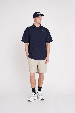 MENS CHECK PAR SS POLO NAVY