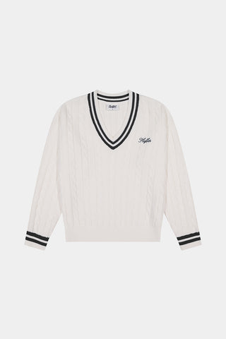 WOMENS V-NECK CABLE KNIT SWEATER CHALK/BLACK