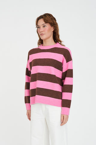 KENZIE STRIPE KNIT CREW PETAL/CHESTNUT