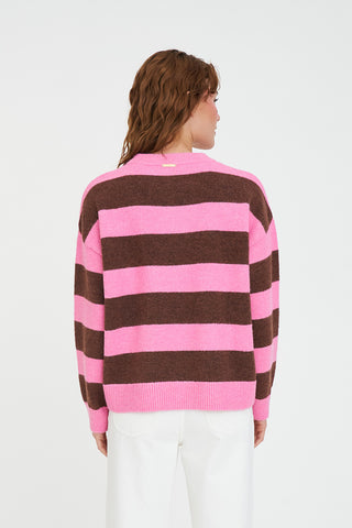 KENZIE STRIPE KNIT CREW PETAL/CHESTNUT