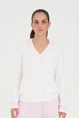 V-NECK CABLE KNIT SWEATER WHITE