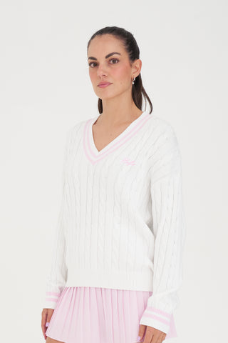 V-NECK CABLE KNIT SWEATER WHITE