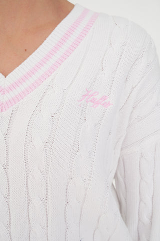 V-NECK CABLE KNIT SWEATER WHITE