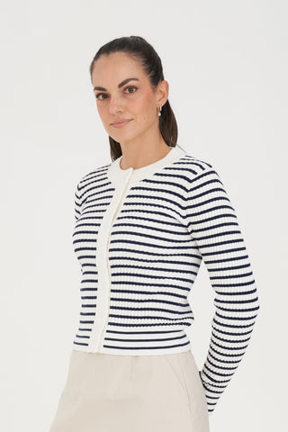 CLASSIC STRIPE KNIT CARDI CHALK/NAVY