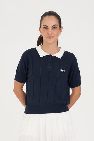 WMNS LINE KNIT POLO NAVY/WHITE