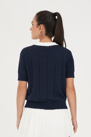 WMNS LINE KNIT POLO NAVY/WHITE