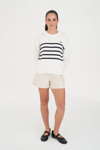 CLASSIC KNIT CREW CHALK/NAVY